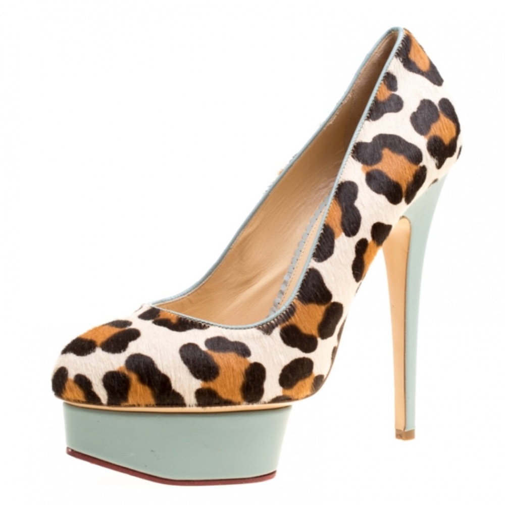 Charlotte Olympia Beige Leopard Print Calf Hair Polly Platform Pumps Size 38.5